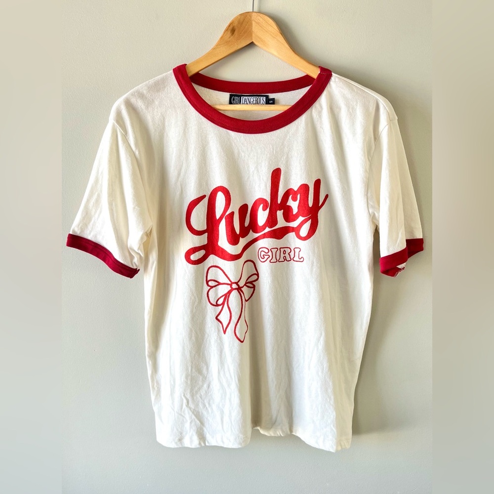 Girl Dangerous "Lucky Girl" Red & Off-White Ringer Tee Size Small - Streetwear